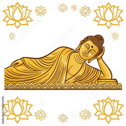 Golden reclining Buddha statue adorned with intricate lotus pattern detailing on its robe and base.