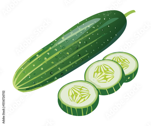 Long Fresh Cucumber and Sliced Pieces - Vector Illustration
