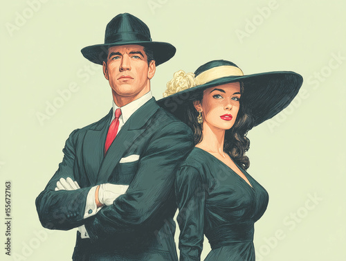 Elegant Couple in Vintage Attire with Stylish Hats and Timeless Fashion