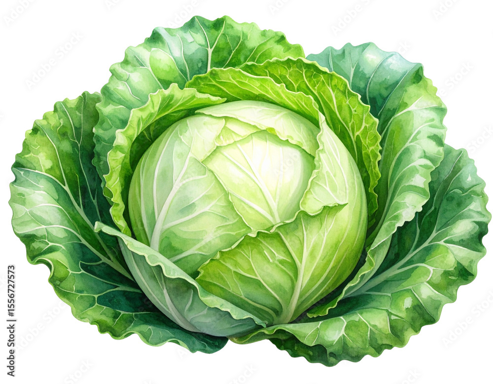 Fototapeta premium Organic cabbage with delicate watercolor texture, isolated on transparent background PNG