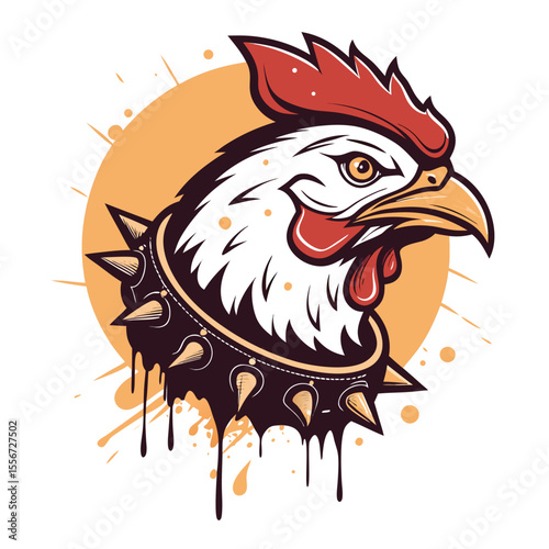 Edgy chicken nugget logo spiked collar, oil stain, gritty texture. Mascot design for a rebellious food brand.