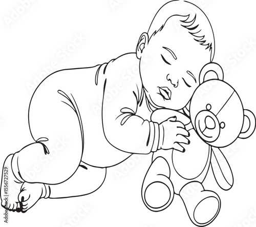 Sleeping baby hugging teddy bear isolated on white background
