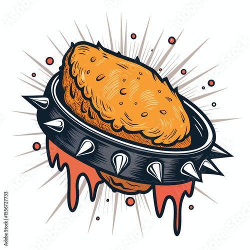 Chicken nugget logo fierce, spiked collar, oil stain. Cartoon mascot, fast food, edgy, greasy, unhealthy, modern.