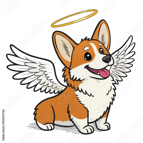 A cheerful corgi pup joyfully wearing angel wings and a golden halo, isolated on a white background.