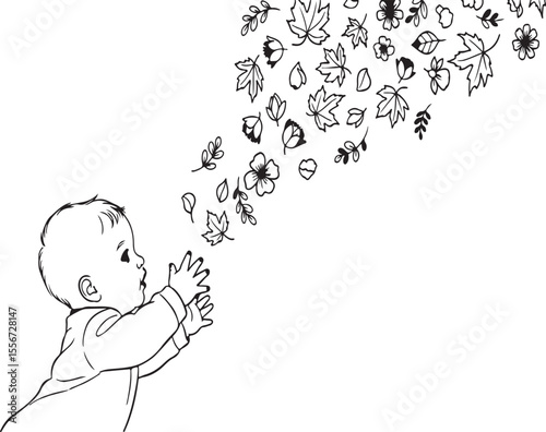 Infant reaches for floating leaves and flowers in a vector illustration