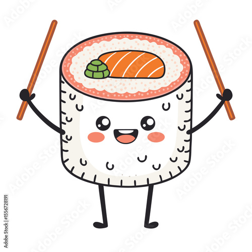 Adorable sushi roll with tiny arms holds chopsticks, kawaii style, cute, bright.