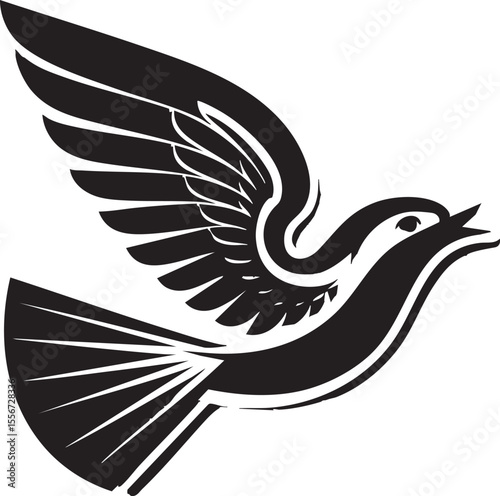 Stylized black silhouette of a bird in flight with wings spread wide
