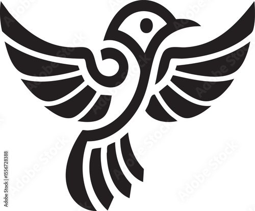 Stylized black silhouette of a bird in flight with wings spread wide