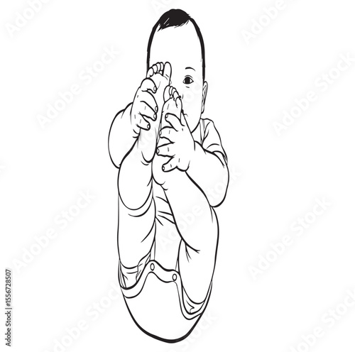 Baby holding feet illustration on white background