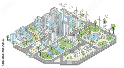 This vector image presents a smart city with modern buildings, wind turbines, and green spaces. The city is designed to be eco-friendly, with a focus on sustainability and smart technologies.