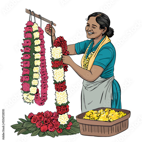 Street scene lady selling colorful flower garlands. Vibrant, traditional Indian market corner, bustling, floral.