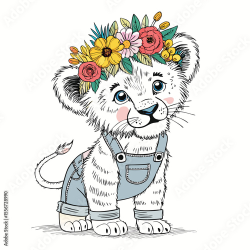 Adorable lion cub portrait wearing blue denim overalls and a vibrant flower crown, isolated.