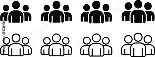 Illustration of eight group icons depicting people in black and white