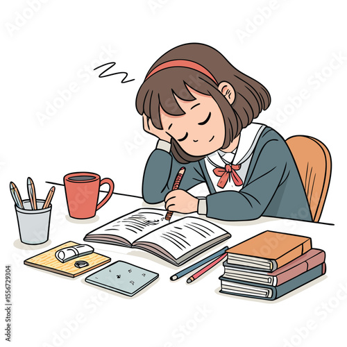 Lofi anime girl sleeping at desk, open book, soft light, peaceful, cozy, late night study session.