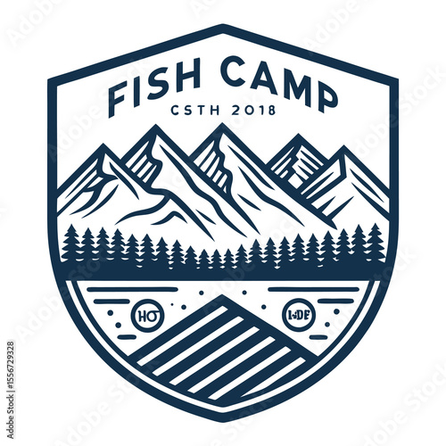 Vintage fish camp badge. Mountains, river, evergreen trees, stylized fish, rustic, outdoors, adventure, retro.