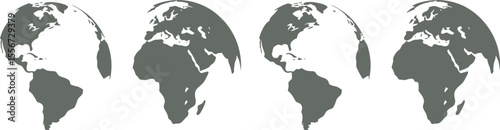 Four globes showing different continents against a white background