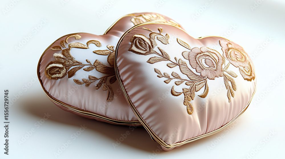 Fototapeta premium Soft heart shaped pillows with elegant floral embroidery in pastel colors create romantic atmosphere, perfect for Valentine Day