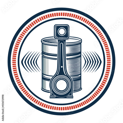Classic oil can and piston emblem inside circular badge. Retro automotive repair service icon design.