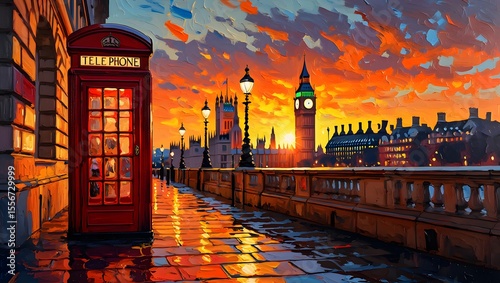 Iconic london red telephone booth and big ben at vibrant sunset