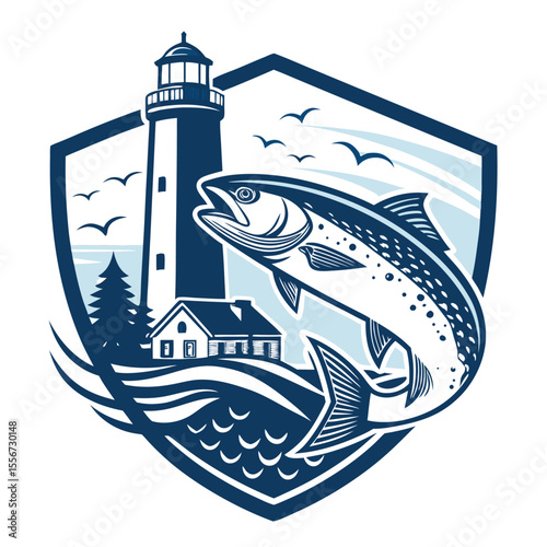 Coastal fishing badge design, lighthouse, jumping baitfish silhouette, circular emblem, nautical, ocean, retro.