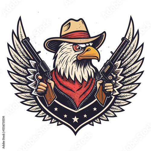 Cowboy chicken, wearing a hat, two wings act as guns, stylized, "grun (1)" watermark.