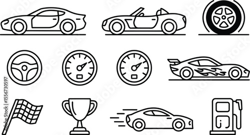 Illustrations of cars and racing elements in outline style design