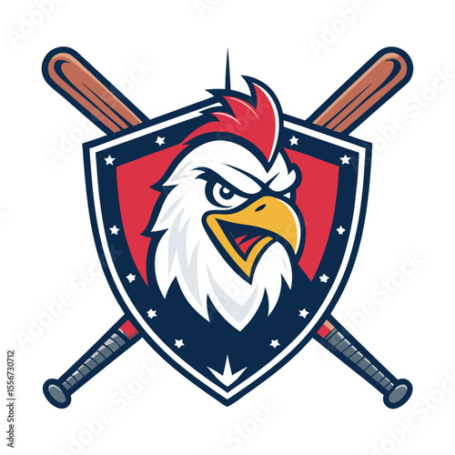 Cartoonish, enraged chicken head with crossed drumsticks backdrop, shadow, stage, spotlight, humorous.