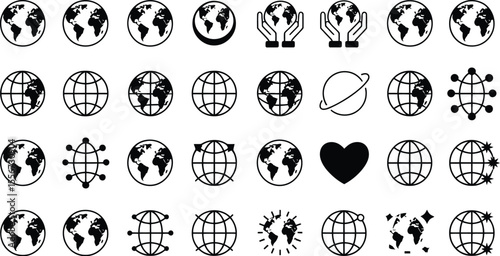 Collection of various globe and earth icons in black and white style