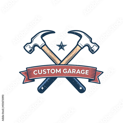 Two crossed hammers, detailed and realistic, beneath a custom-designed garage banner proclaiming "Custom Garage Isola".  Banner displays a unique, memorable logo.
