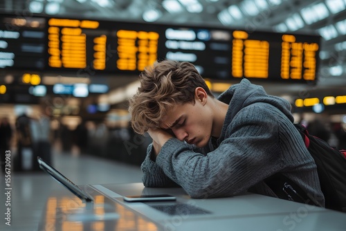 A traveler confused at the information desk with space for a message about an airport app or information service 