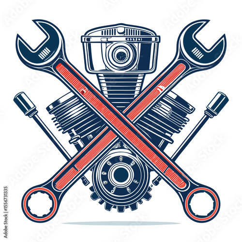 Crossed torque wrenches behind engine cylinder head, automotive repair, mechanic tools close-up.