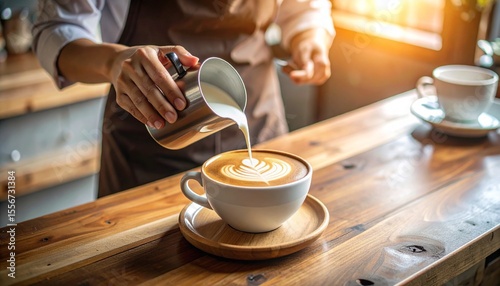 A photorealistic image of a cozy coffee shop with a barista preparing a fresh cup of coffee behind the counter. This image was generated using AI.