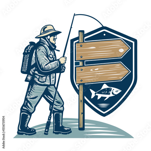 Detailed emblem depicting a determined fisherman in full vintage gear next to an old fishing boat.