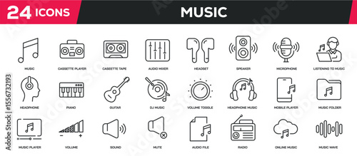 Set of collection line icons related music, audio, media player. Editable stroke. Perfect pixel on transparent background
