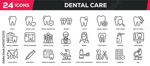 Set of collection line icons related dental care, dental health, dental clinic. Editable stroke. Perfect pixel on transparent background