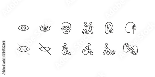 Set of outline icons related to disability, disabled helping utility tools. Linear icon collection. Editable stroke. Vector illustration