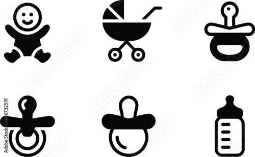 Baby icons showing baby stroller pacifiers and baby bottle in black color