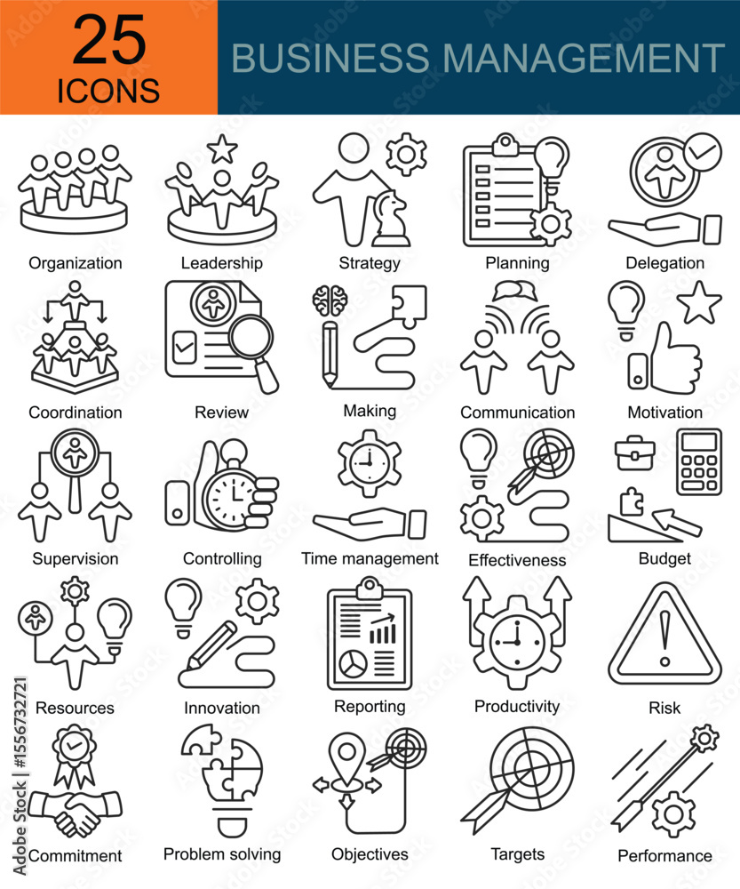 Naklejka premium MENEJEMEN BISNIS icons in line style. Containing Organization, Leadership, Strategy, Planning, Delegation, Coordination, Review, Making, Communication, Motivation, Supervision, Controlling, Time man 