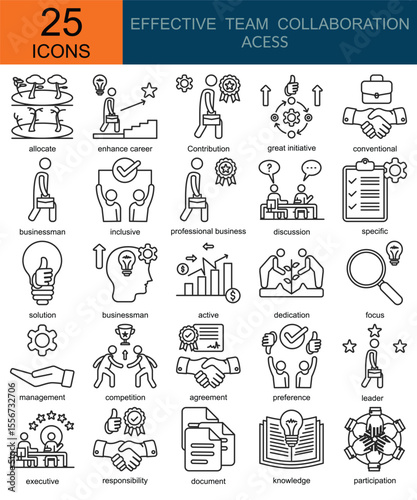  Effective team collaboration access icons in line style. Containing transition, enhance career, success, great initiative, conventional, activity, inclusive, professional, discussion and more