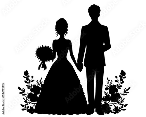 silhouette of bride and groom, silhouette of married couple, icon isolated on white background
