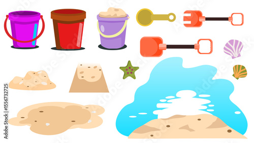 Illustration of beach toys, sand figures, and seashells arranged on a bright, playful backdrop, evoking summer fun, leisure activities, and creativity with sand art.