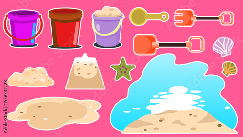 Illustration of beach toys, sand figures, and seashells arranged on a bright, playful backdrop, evoking summer fun, leisure activities, and creativity with sand art.