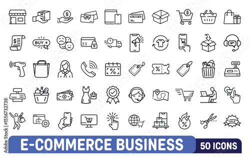 Comprehensive collection of 50 line art icons representing various aspects of e commerce business and online shopping