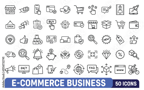 Collection of 50 thin line icons representing various aspects of e commerce business and online shopping services