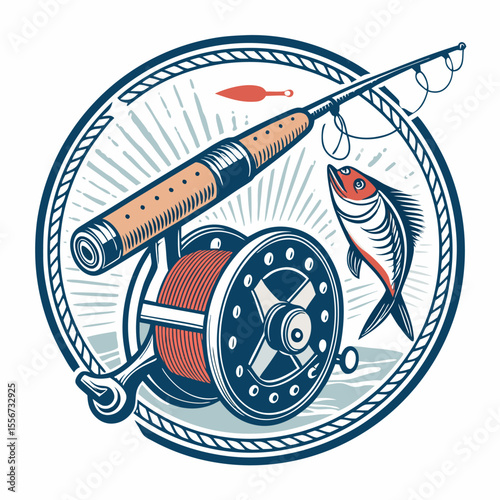 Retro fishing guidebook emblem, vintage style. Fishing rod, reel, lures, hook, line, tackle box.