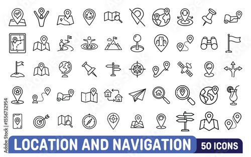 Collection of 50 outline icons representing location navigation travel and destination concepts with a clean design