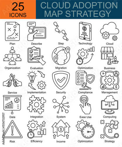 Cloud adoption map strategy  icons in line style. Containing plan, describe, step, technology, cloud, organization, evaluation, migration, optimization, business, Service, implementation and more 