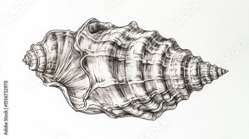 Detailed monochrome drawing of a seashell, showcasing its intricate texture and spiral form against a stark white background.  The shell's surface is richly detailed with shading and lines