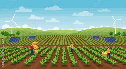 This vector image shows a farm with rows of crops being irrigated by a worker, with solar panels placed among the plants. Wind turbines are visible in the background