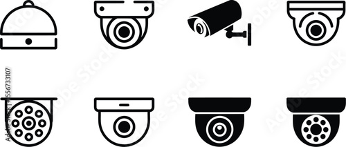 Various security camera and service bell icons in black and white style